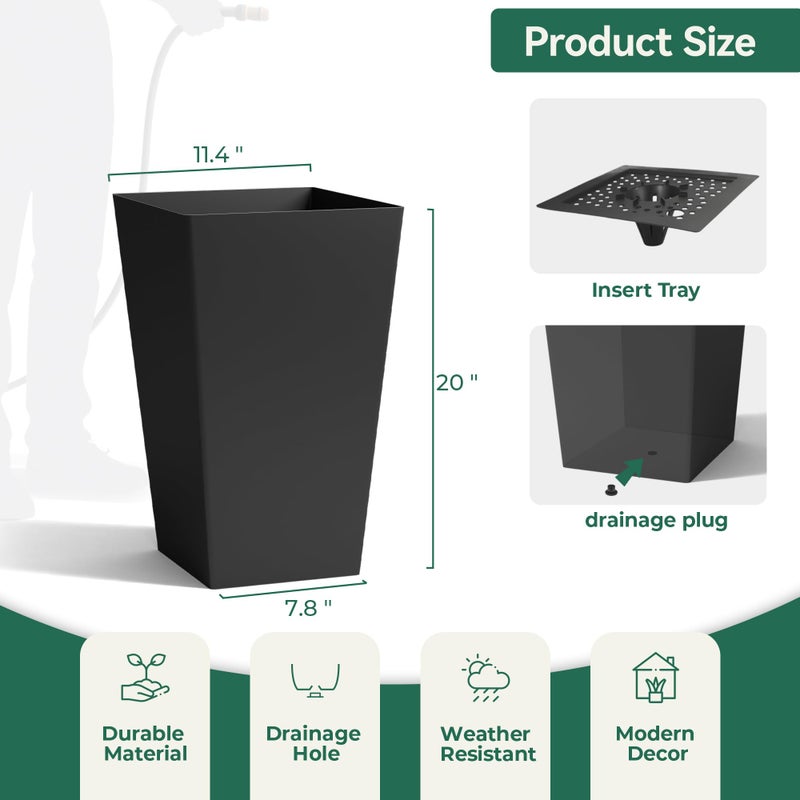 Worth Garden 20" Tall Planters Set of 2 â€“ Large Black Tapered Plastic Flower Pots for Indoor & Outdoor Use â€“ Modern Plant Containers with Drainage Holes â€“ Ideal for Front Porch, Patio, Balcony - Image 5