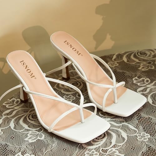 ISNOM Lace Up Heels Sandals for Women, Square Toe Open Toe Thong Strappy Heels Women's Stiletto Heeled Sandals -White - Image 3