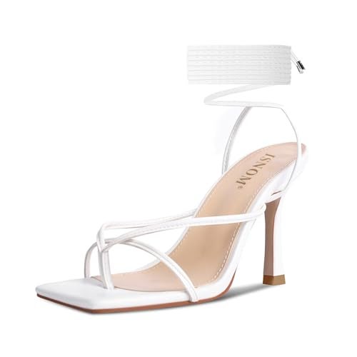 ISNOM Lace Up Heels Sandals for Women, Square Toe Open Toe Thong Strappy Heels Women's Stiletto Heeled Sandals -White - Image 1