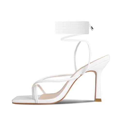 ISNOM Lace Up Heels Sandals for Women, Square Toe Open Toe Thong Strappy Heels Women's Stiletto Heeled Sandals -White - Image 2