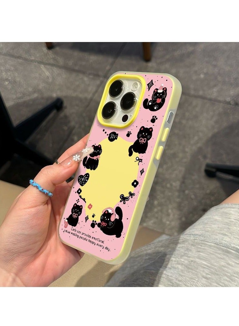 NIBEMINENT Cute Hollow Black Cat Protective TPU Case Cover For iPhone 16 Pro Max, Yellow