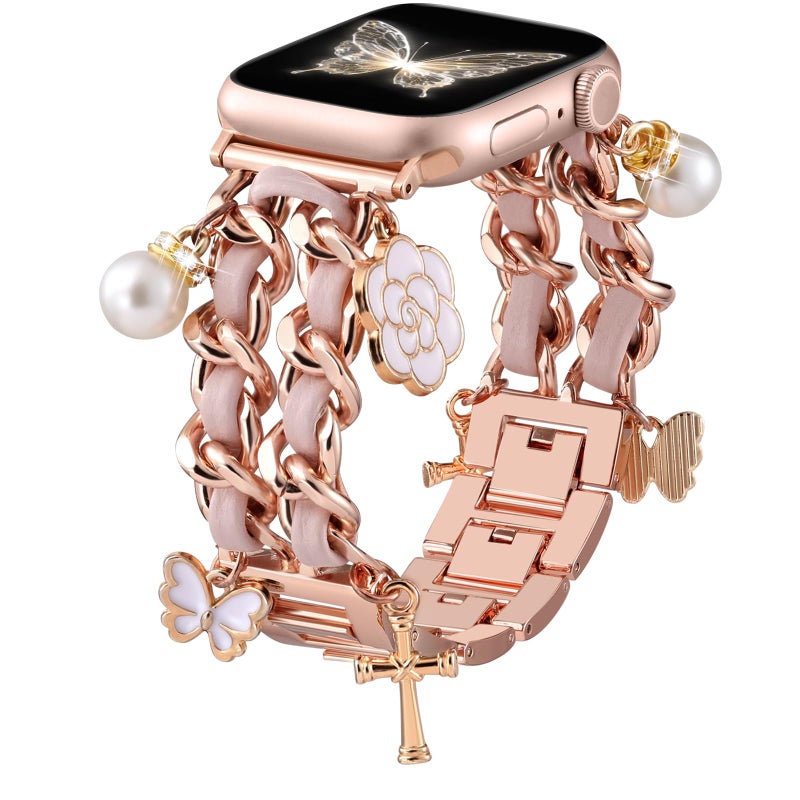 DaQin Stylish Metal Band Compatible with Apple Watch Band for Women 40mm 38mm 41mm 42mm,Pretty Chain Replacement Strap with Apple Watch Accessories Charms for iWatch Series 11 10 9 8 7 6 5 4 3 2 1 SE - Image 1