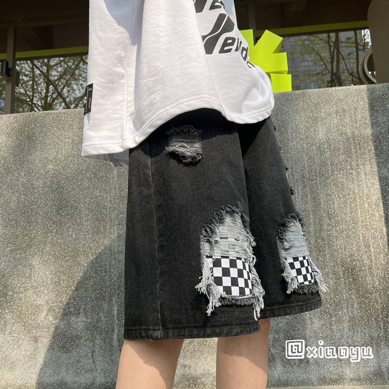 Generic Ripped Checkerboard Denim Shorts Mens Summer High Street Trendy Brand Breeches Hong Kong Style Casual Trendy Outer Wear Five-point Pants Black