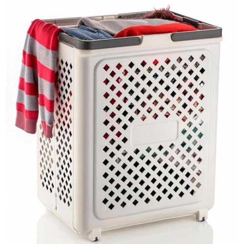 Horizonite Large Foldable Laundry Basket with Wheels | White Plastic Rolling Laundry Hamper | Ventilated Airflow Design | Space Saving Collapsible Storage Basket with Handles | 47 x 37 x 8 cm - Image 5