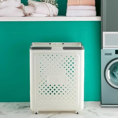 Horizonite Large Foldable Laundry Basket with Wheels | White Plastic Rolling Laundry Hamper | Ventilated Airflow Design | Space Saving Collapsible Storage Basket with Handles | 47 x 37 x 8 cm - Image 1