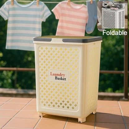 Horizonite Large Foldable Laundry Basket with Wheels | White Plastic Rolling Laundry Hamper | Ventilated Airflow Design | Space Saving Collapsible Storage Basket with Handles | 47 x 37 x 8 cm - Image 2