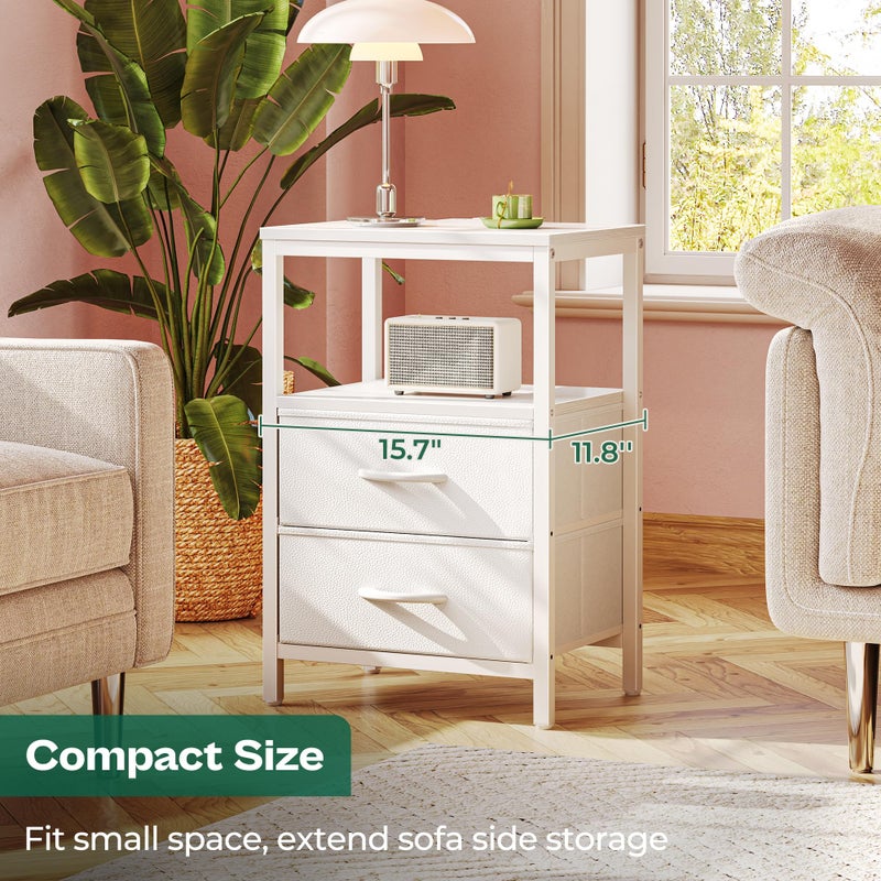 Huuger Nightstand with Charging Station, Side Table with 2 Fabric Drawers, End Table with Open Shelf, Bedside Table with USB-C Port and Outlets, Night Stand, PU Leather, White - Image 5