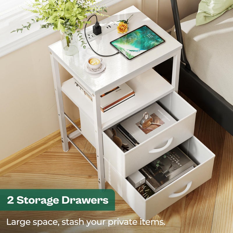 Huuger Nightstand with Charging Station, Side Table with 2 Fabric Drawers, End Table with Open Shelf, Bedside Table with USB-C Port and Outlets, Night Stand, PU Leather, White - Image 4