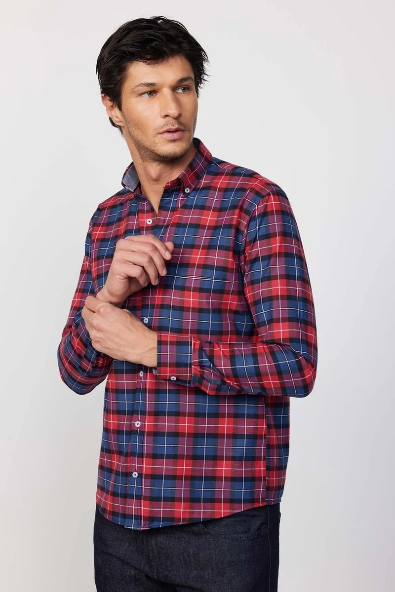 Tudors Classic Fit Long Sleeve Button Collar Small Checked Cotton Burgundy Men's Shirt