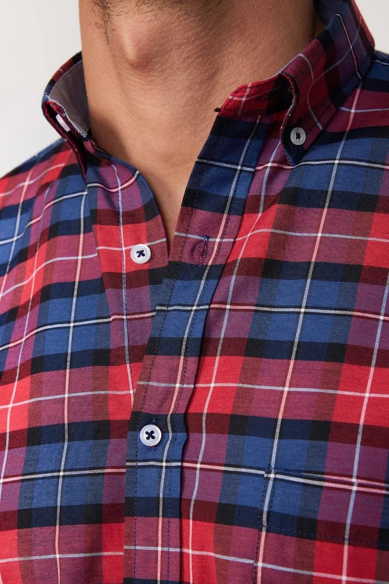 Tudors Classic Fit Long Sleeve Button Collar Small Checked Cotton Burgundy Men's Shirt