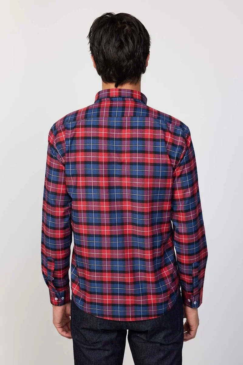 Tudors Classic Fit Long Sleeve Button Collar Small Checked Cotton Burgundy Men's Shirt