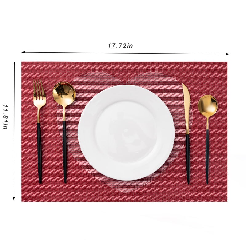 CADONO Placemats Set of 4 Washable Indoor/Outdoor Vinyl Place Mats for Dining Table Durable Non-Slip Heat Resistant PVC Weave Table Matsï¼ˆRed Pink Heartï¼‰ - Image 2