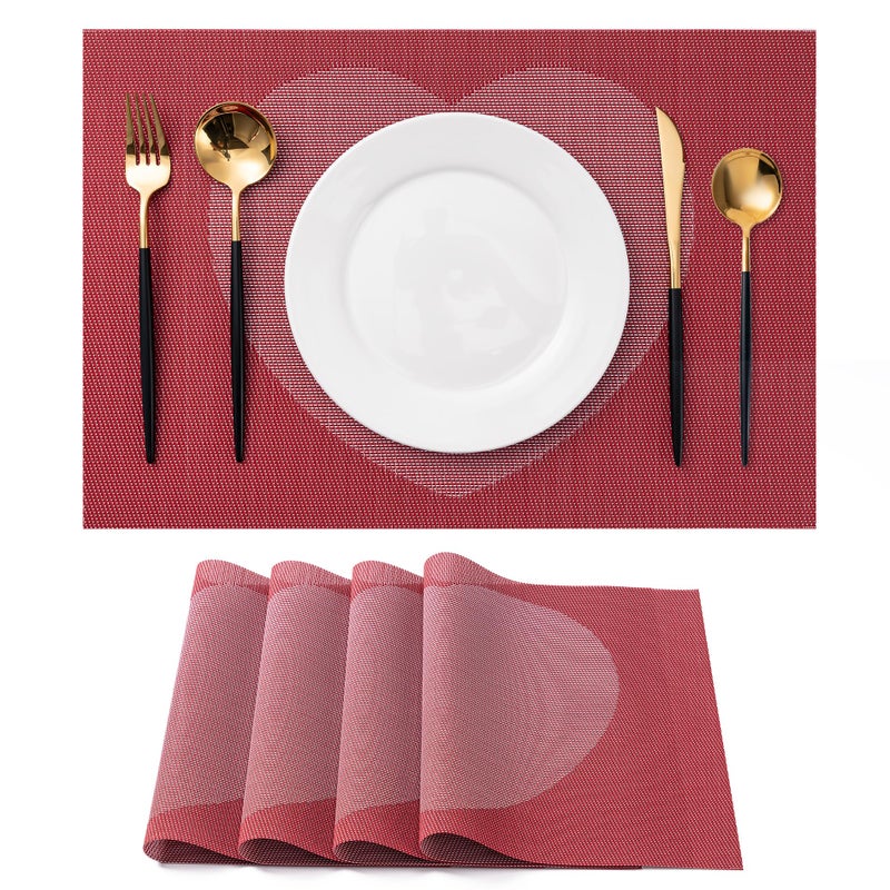 CADONO Placemats Set of 4 Washable Indoor/Outdoor Vinyl Place Mats for Dining Table Durable Non-Slip Heat Resistant PVC Weave Table Matsï¼ˆRed Pink Heartï¼‰ - Image 1