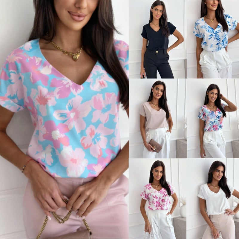 Women's V-Neck Loose Fit Printed Short Sleeve Blouse