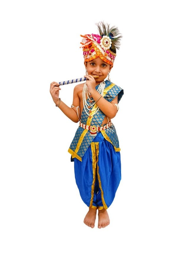 بوك ماي كوستيوم زي كريشنا من BookMyCostume مع مجوهرات ثقيلة وباغدي وبروكار - فستان جانماشتامي الفاخر الكامل للأولاد والبنات من بيبي كانها - أزرق فاتح من عمر سنة إلى سنتين - Image 3