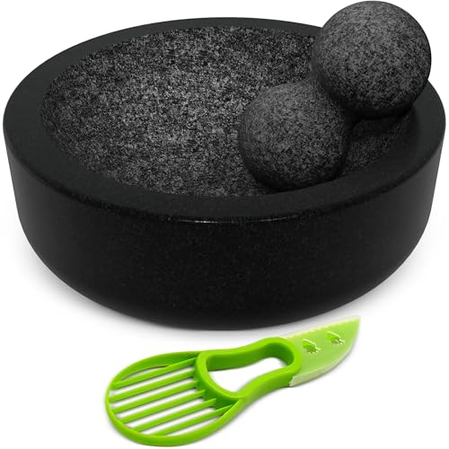 Umien™ Granite Mortar and Pestle Set - 100% Granite - 3.5-Cups - 8-Inch – Avocado Tool Included – Natural Stone Molcajete for Spices, Pestos, & Guacamole (Black) - Stone Grinder - Guacamole - Image 1