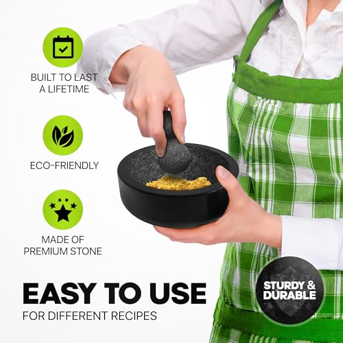 Umien™ Granite Mortar and Pestle Set - 100% Granite - 3.5-Cups - 8-Inch – Avocado Tool Included – Natural Stone Molcajete for Spices, Pestos, & Guacamole (Black) - Stone Grinder - Guacamole - Image 5
