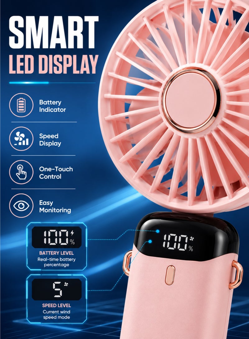 مروحة يدوية صغيرة محمولة قابلة لإعادة الشحن عبر منفذ USB، مروحة للرقبة مع شاشة LED قابلة للتعديل بخمس سرعات، لون وردي - Image 5