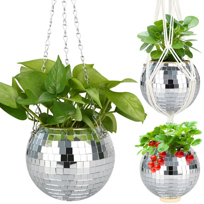 FGBNM 6" Disco Ball Planter, Disco Ball Plant Hanger with Hanging Rope, Hanging Chain, Hook, Circle and Extra Mirror Pieces - Image 1