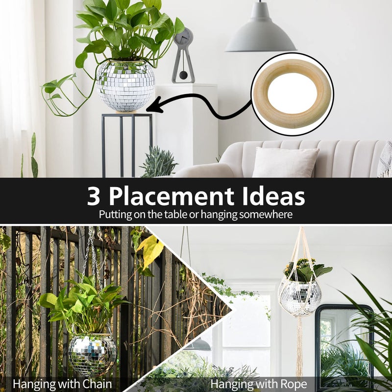 FGBNM 6" Disco Ball Planter, Disco Ball Plant Hanger with Hanging Rope, Hanging Chain, Hook, Circle and Extra Mirror Pieces - Image 3