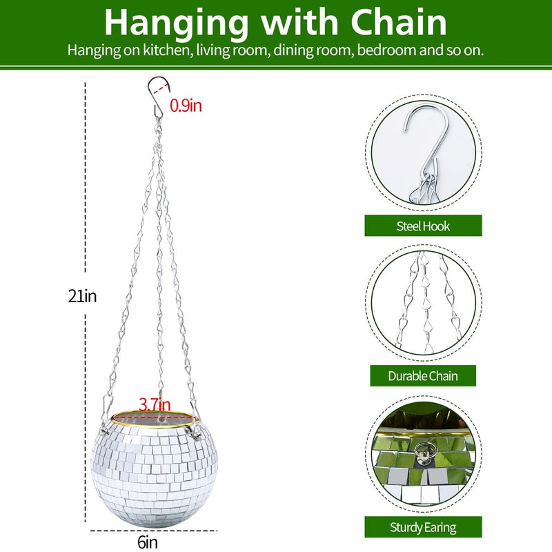 FGBNM 6" Disco Ball Planter, Disco Ball Plant Hanger with Hanging Rope, Hanging Chain, Hook, Circle and Extra Mirror Pieces - Image 5