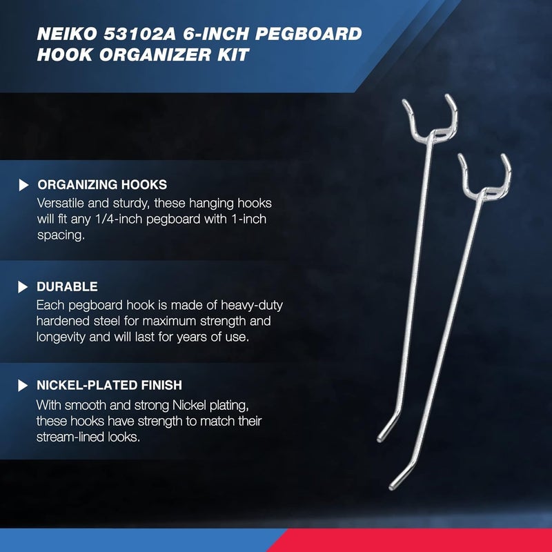 Neiko 53102A 6â€ Pegboard Hook Organizer Kit, 50 Pack, Hanging Hooks Set for Garage Organization, Great for Wall Hanging and Shelving, Tool Storage, Craft Organizing - Image 2