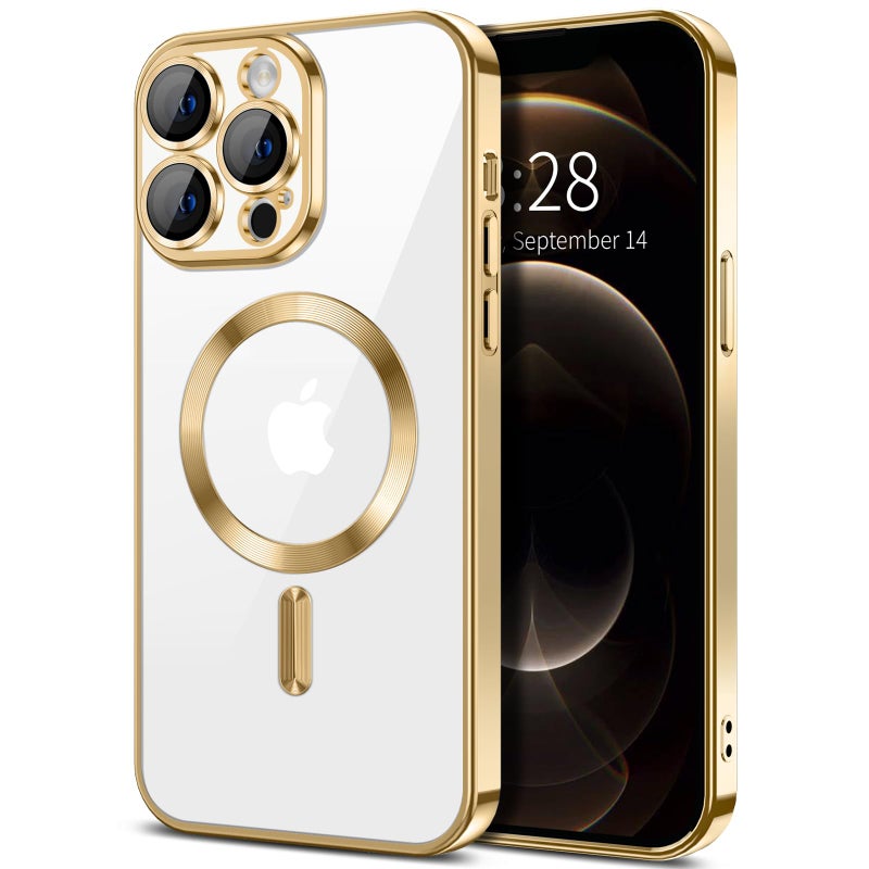 Hython Magnetic Clear for iPhone 12 Pro Case with Camera Lens Protector [Compatible with MagSafe] Luxury Plating Edge Slim Soft TPU Cover Protective Phone Case for iPhone 12 Pro 6.1", Gold - Image 1