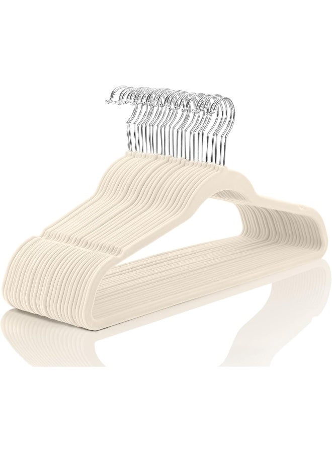 MIZGI Premium Velvet Hangers (Pack of 50) Heavyduty - Non Slip Suit Ivory Chrome Hooks, Space Saving Clothes, One Size - Image 1