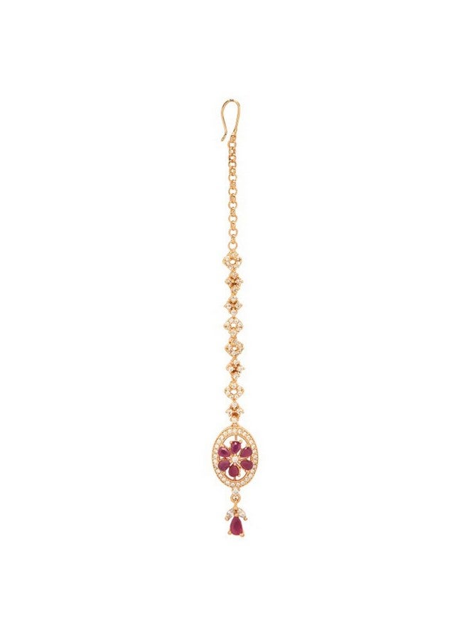 Rubans 18K Rose Gold Plated Pink & White Zircon Studded Handcrafted Maang Tikka for Women & Girls Oval Shaped Centerpiece, Perfect for Any Occasion - Image 1