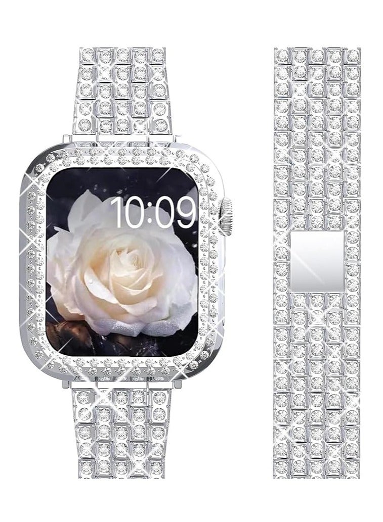 Band Compatible for Apple Watch 38mm Series 3/2/1, Diamond Rhinestone Case, Women Bling Band Stainless Steel Metal Bracelet, Clasp Replacement Bands for iWatch, Silver, 38mm - Image 1