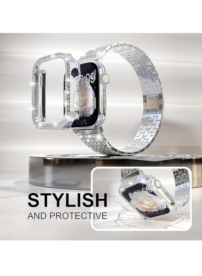 Band Compatible for Apple Watch 38mm Series 3/2/1, Diamond Rhinestone Case, Women Bling Band Stainless Steel Metal Bracelet, Clasp Replacement Bands for iWatch, Silver, 38mm - Image 4