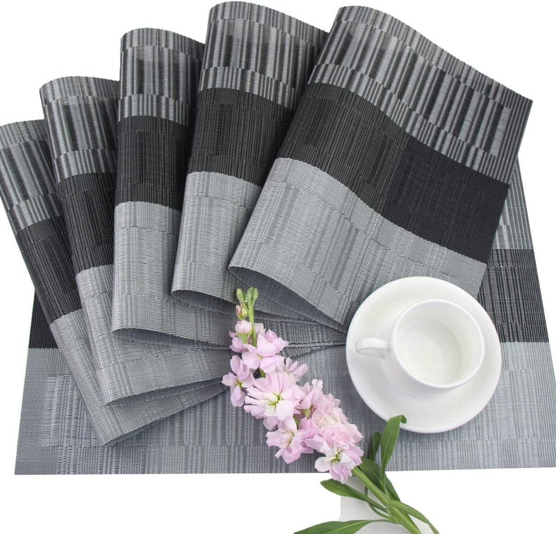 pigchcy Placemats,Washable Durable Woven Vinyl Placemats for Dining Table,Easy to Clean Plastic Placemats Set of 6 (Black) - Image 5
