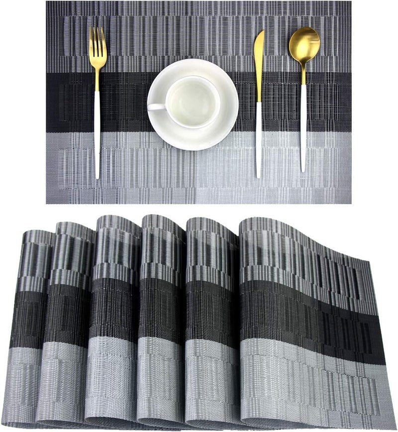 pigchcy Placemats,Washable Durable Woven Vinyl Placemats for Dining Table,Easy to Clean Plastic Placemats Set of 6 (Black) - Image 1