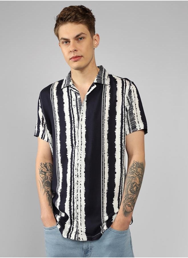 Dennis Lingo Relaxed Fit Navy Popcorn Shirt Cuban Collar  - Image 1