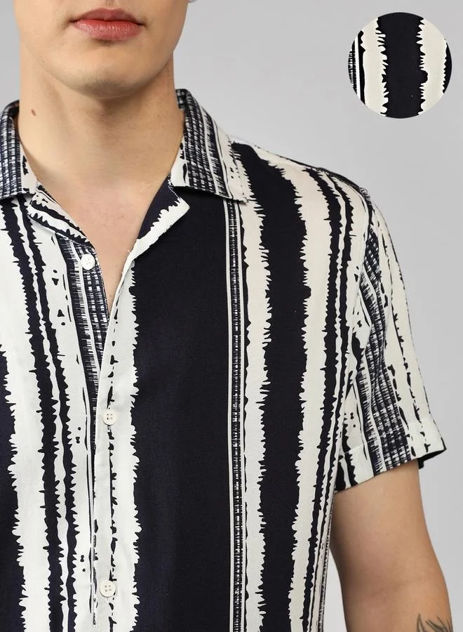 Dennis Lingo Relaxed Fit Navy Popcorn Shirt Cuban Collar