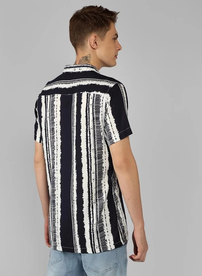 Dennis Lingo Relaxed Fit Navy Popcorn Shirt Cuban Collar