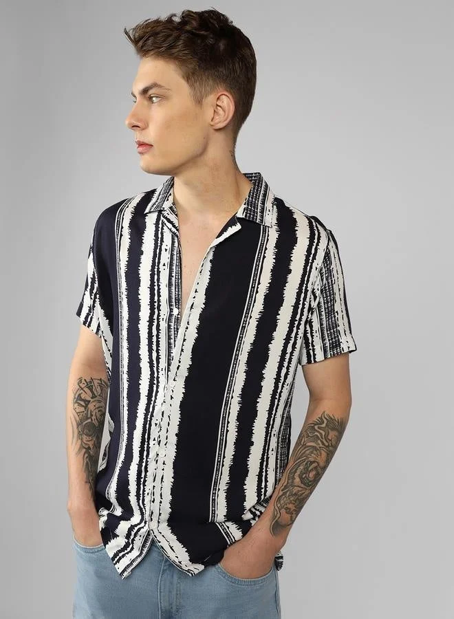 Dennis Lingo Relaxed Fit Navy Popcorn Shirt Cuban Collar