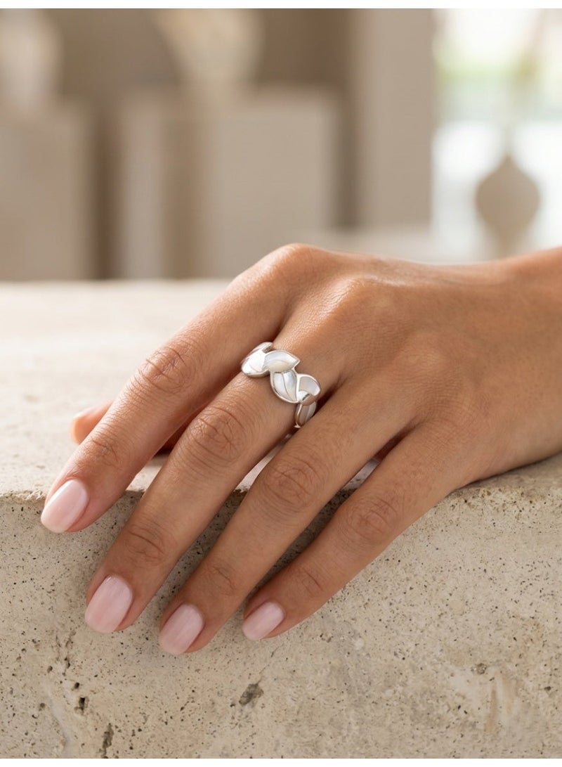 Kanira Premium 925 Sterling Silver Mother of Pearl Triple Petal Ring for Women | Elegant Floral Open Ring | Modern Designer Statement Jewelry | KANIRA - Image 1