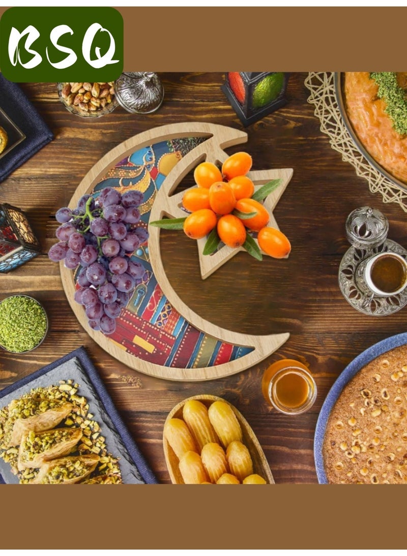 بي إس كيو أطباق رمضانية أنيقة - نقش الهلال | ديكورات منزلية رمضانية، صواني رمضان، صواني الهلال، صواني العيد، صواني هلال رمضانية مميزة | مثالية لاحتفالات العيد، ووجبات الإفطار والعشاء، وعرض الحلويات | ديكور منزلي بمظهر خشبي، لون خشب طبيعي - Image 3