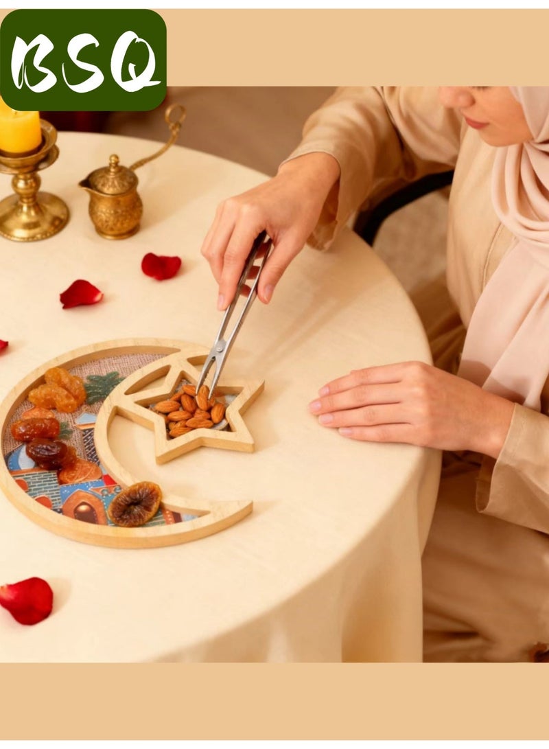 بي إس كيو أطباق رمضانية أنيقة - نقش الهلال | ديكورات منزلية رمضانية، صواني رمضان، صواني الهلال، صواني العيد، صواني هلال رمضانية مميزة | مثالية لاحتفالات العيد، ووجبات الإفطار والعشاء، وعرض الحلويات | ديكور منزلي بمظهر خشبي، لون خشب طبيعي - Image 5