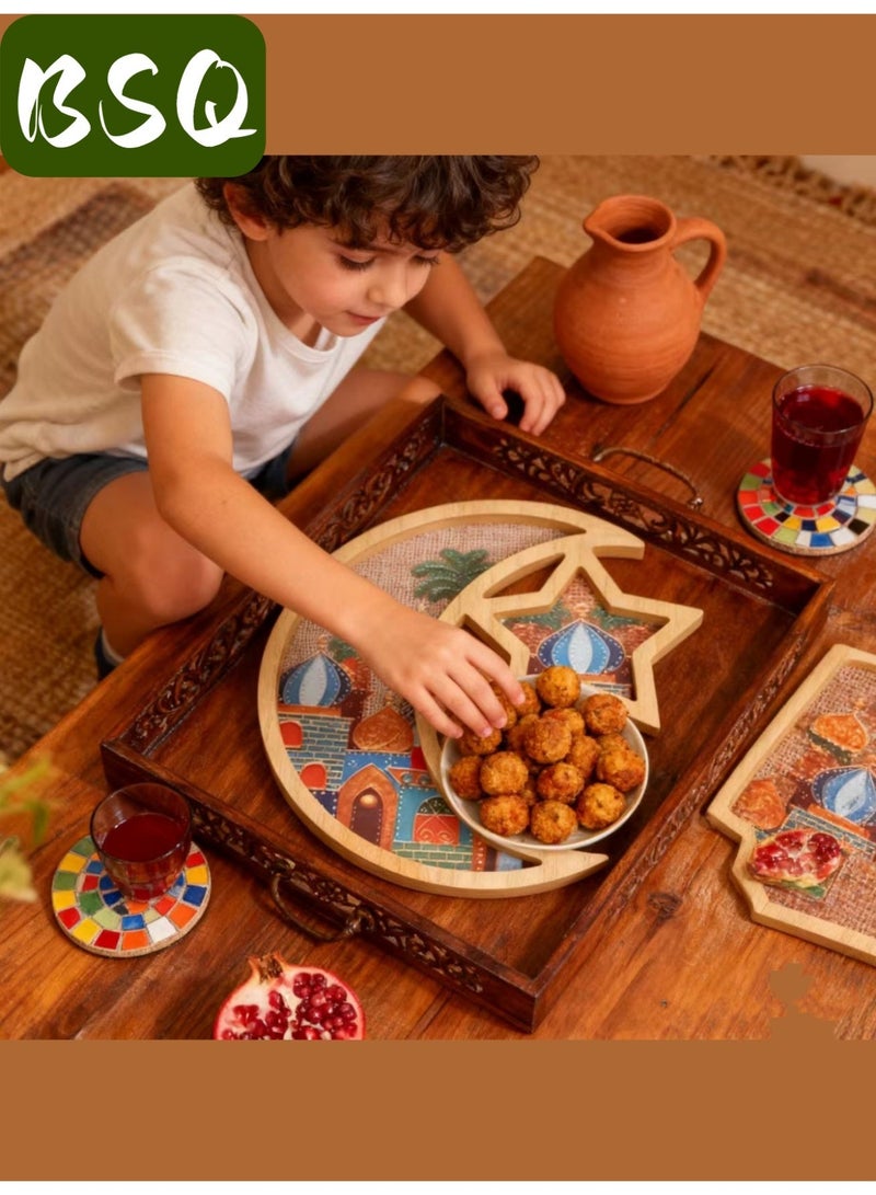 بي إس كيو أطباق رمضانية أنيقة - نقش الهلال | ديكورات منزلية رمضانية، صواني رمضان، صواني الهلال، صواني العيد، صواني هلال رمضانية مميزة | مثالية لاحتفالات العيد، ووجبات الإفطار والعشاء، وعرض الحلويات | ديكور منزلي بمظهر خشبي، لون خشب طبيعي - Image 4