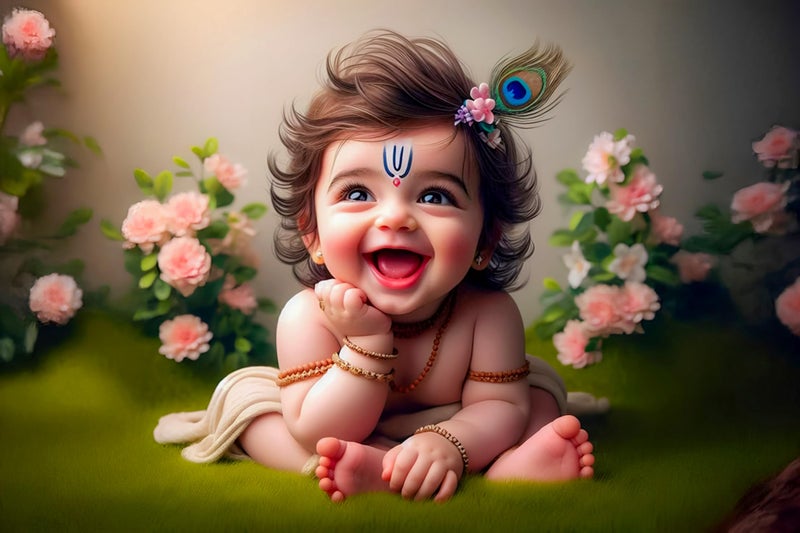 Frame Cart Baby Krishna Poster - Bal Gopal Photo | Kanha Ji Religious photo for Pregnant Women Bedroom Wall | Unframed Vinyl Poster 12x18 (Design 22) - Image 1