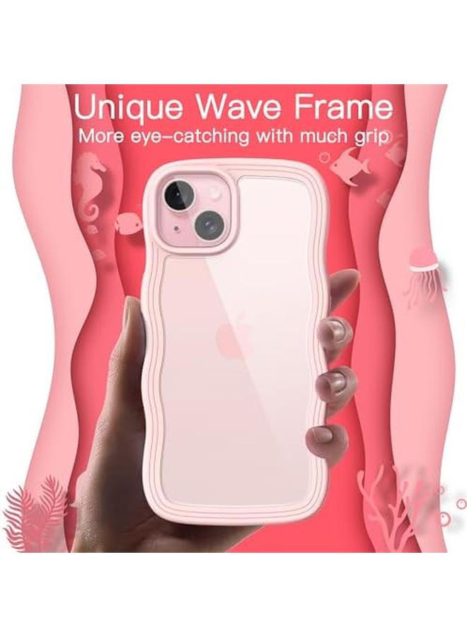 جي تيك جراب لهاتف iPhone 15 مقاس 6.1 بوصة بإطار مموج على شكل مجعد وغطاء هاتف مضاد للصدمات للنساء والفتيات مع ظهر شفاف صلب من مادة البولي كربونات باللون الوردي - Image 3