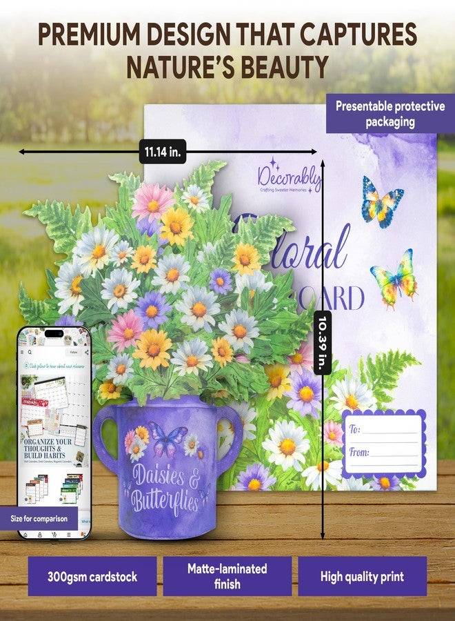 Decorably Individual Handmade 12in Paper Flower Bouquet Pop Up Card with Blank Notecard & Envelope - 3D Blooming Floral Daisy & Butterfly Designs - All Occasions, Birthday, Mother's Day, Wedding Decor - Image 2