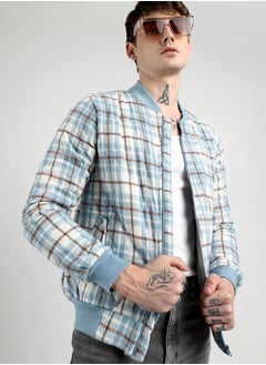 Campus Sutra Men's Icy Blue Tartan Plaid Bomber Jacket  - Image 1