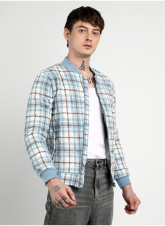 Campus Sutra Men's Icy Blue Tartan Plaid Bomber Jacket  - Image 3