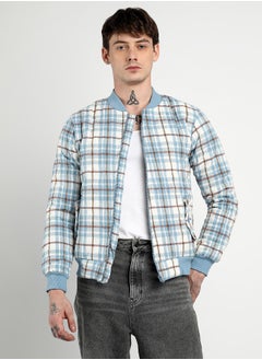 Campus Sutra Men's Icy Blue Tartan Plaid Bomber Jacket  - Image 2