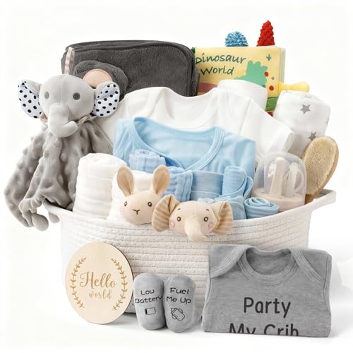 Giftissimo 28 Piece Baby Shower Gifts for Boys Baby Essentials for Newborn Large Baby Boy Gift Basket Gender Reveal Gifts Baby Registry Search Diaper Caddy Organizer Blue - Image 1
