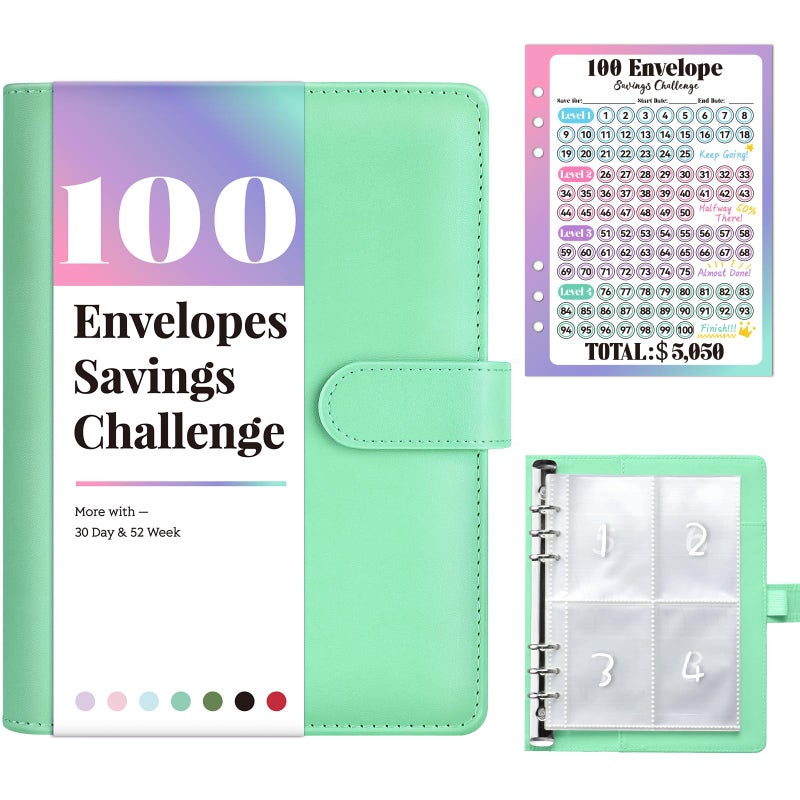 Sooez 100 Envelopes Money Saving Challenge, Savings Challenges Book with Envelopes, Flexible Saving $5050, $2600, $300, Savings Binder with 100 Pocket Pre-Number & Reusable Laminated Tracker - Image 1