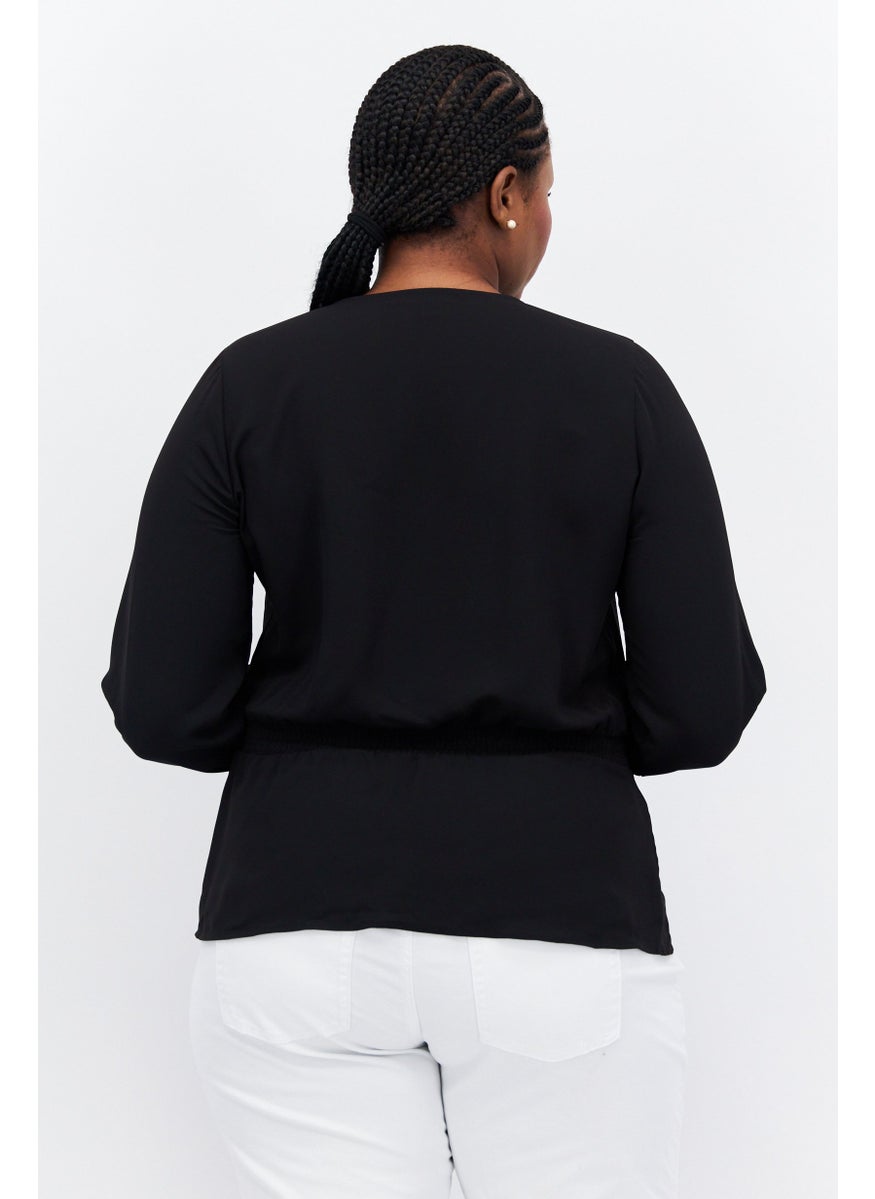Alfani - Women Plus Size Tie Neck Long Sleeve Plain Blouse, Black - Image 1